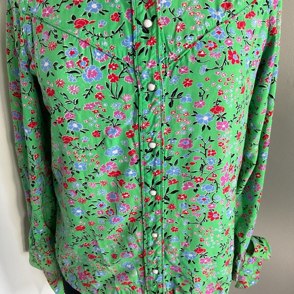 Levi’s Green Floral Button Down Blouse S Small Long Sleeve Tie Cuff Boho Chic - Picture 6 of 10